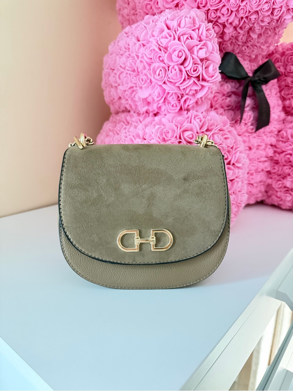 Taupe Saddle Crossbody Bag with Gold Hardware